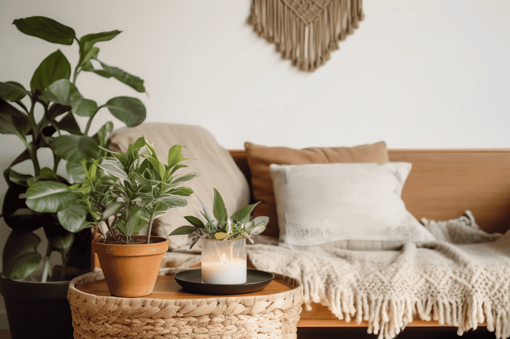Cozy living room setup with plants, candle, and neutral decor symbolizing how to avoid decision fatigue by creating calming spaces.