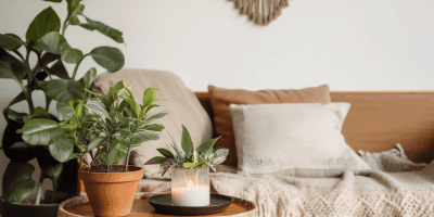 Cozy living room setup with plants, candle, and neutral decor symbolizing how to avoid decision fatigue by creating calming spaces.